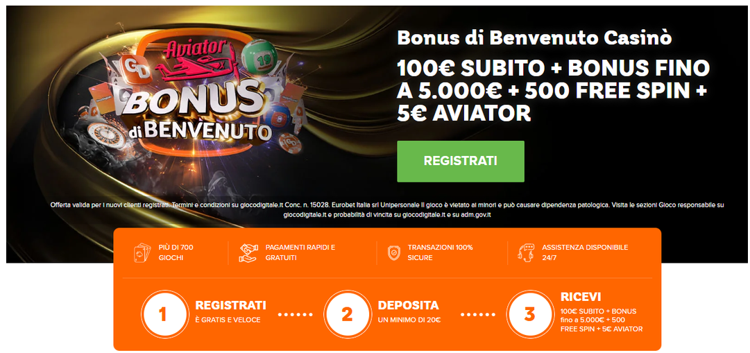Gioco Digitale bonus di benvenuto fino a 5000€ e 500 free spin